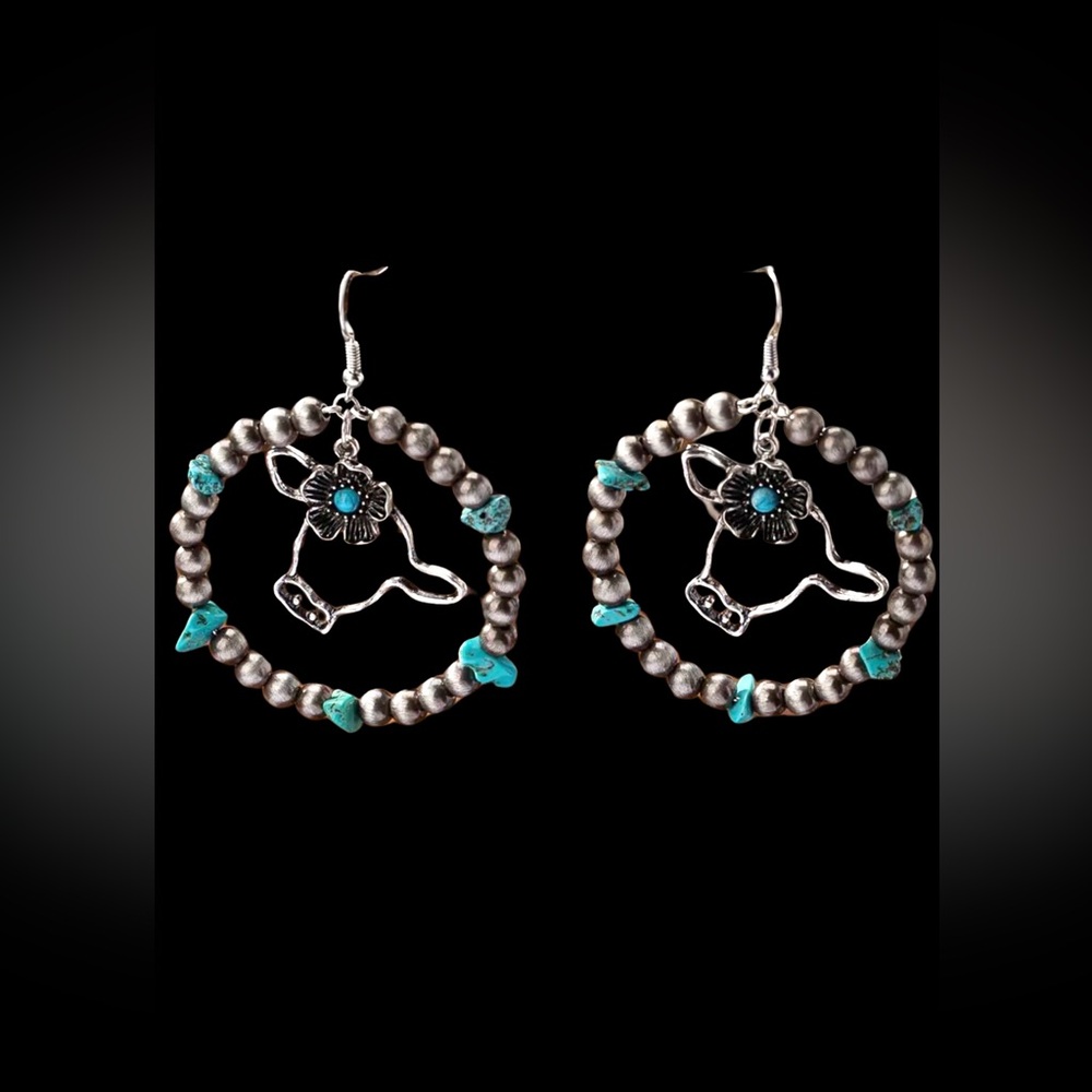 Southwest Western Faux Navajo Pearl Turquoise Cow Flower Dangle Earrings